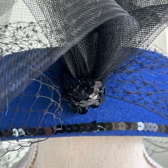 Royal Blue WPL Wool and Black Mesh Fascinator Pillbox Hat Black Sequins main image 8